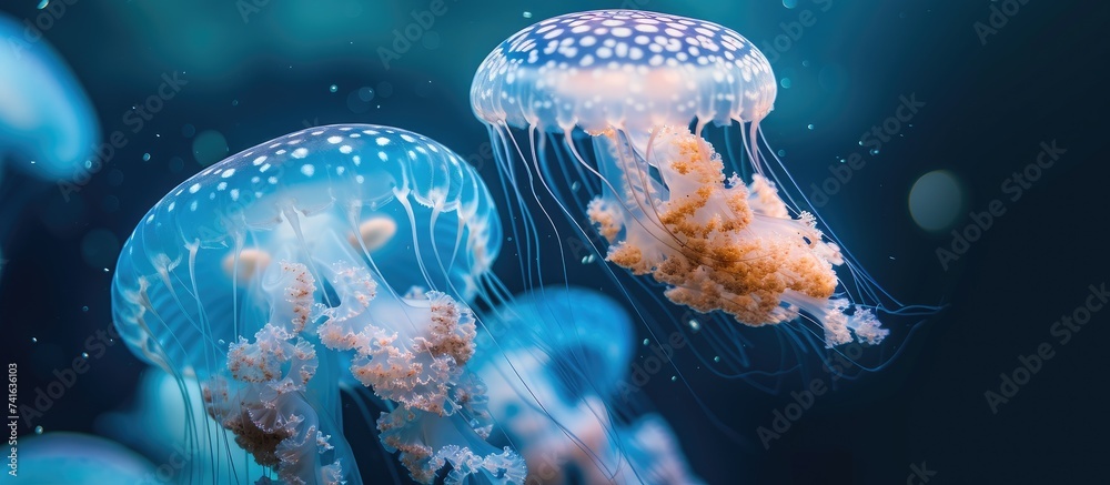 Poster many jellyfish in the sea near the shore of saint jean cap ferrat in the south of france. with copy 