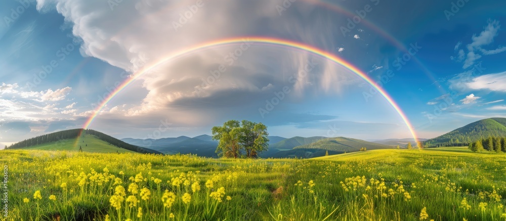 Poster double rainbow on a gray sky after rain a rare atmospheric phenomenon after a storm beautiful hilly 