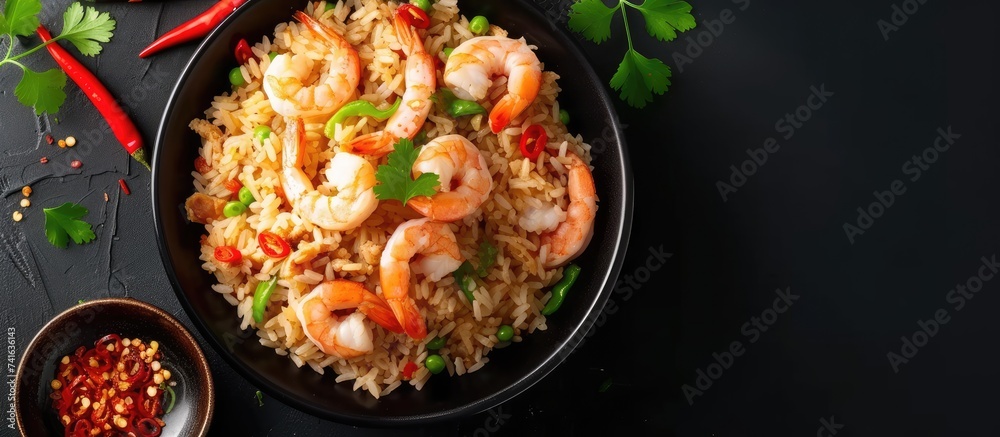 Poster garlic fried rice with shrimps or prawns. with copy space image. place for adding text or design