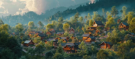 Deurstickers Modern village Real estate in ecologically clean place Panorama with rural town houses Wooden cottages at foot hill Summer landscape ECO village Stone path leads to summer houses ECO property © vxnaghiyev