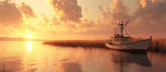 Shrimp boat moored in the backwaters of Charleston South Carolina at sunset. with copy space image. Place for adding text or design - obrazy, fototapety, plakaty