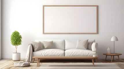 An empty horizontal poster frame mockup adorning the walls of a serene Scandinavian white style living room interior, creating a sense of tranquility.