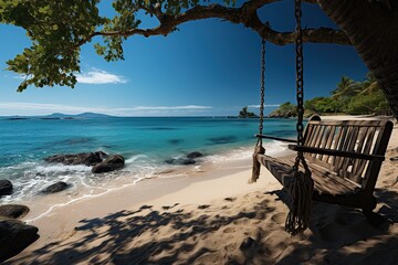 As the sun dips below the horizon, a panoramic scene of a tropical beach unfolds, showcasing a hanging swinging chair swaying gently in the evening breeze, creating a peaceful and inviting ambiance