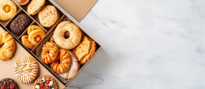 Champagne tartlets seafood salads Cardboard box with food with home delivery Gift for holiday party family dinner Catering Delicious snacks. with copy space image. Place for adding text or design