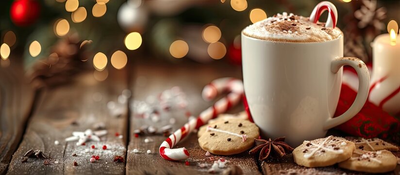 Hot cocoa with candy canes and few cookies. with copy space image. Place for adding text or design