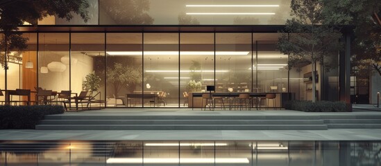 Modern empty elegant office with windows and workplaces 3D rendering. with copy space image. Place...