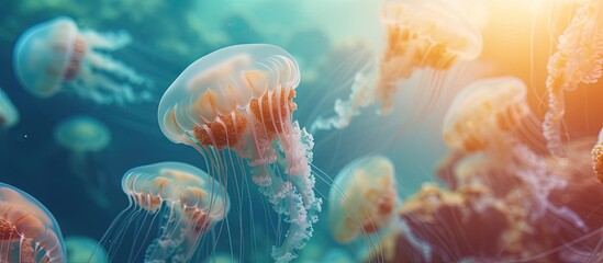 Jellyfish swarm in sunlight. with copy space image. Place for adding text or design - obrazy, fototapety, plakaty