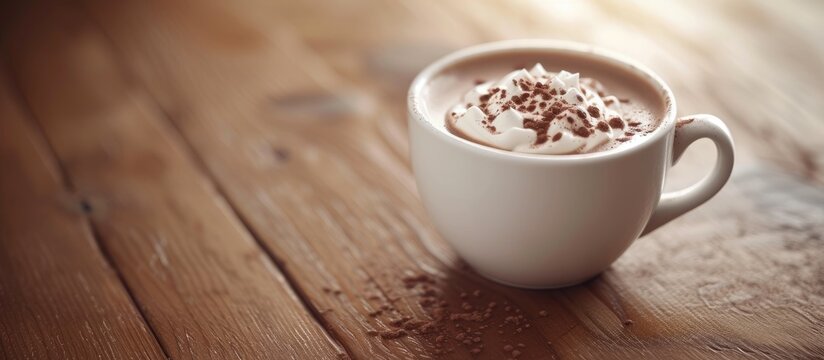 hot cocoa coffee shop in a cup on the table. with copy space image. Place for adding text or design