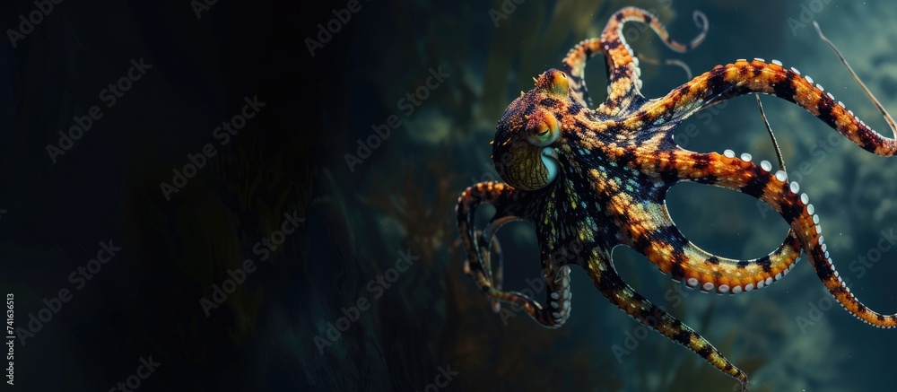 Poster Underwater world mimic octopus Lembeh strait Indonesia. with copy space image. Place for adding text or design