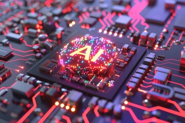 AI Brain Chip titanium sapphire laser. Artificial Intelligence mental strength mind natural language processing axon. Semiconductor mental focus circuit board neon ocean breeze - obrazy, fototapety, plakaty