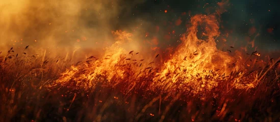 Fotobehang Flames from a wildfire on the old dry grass in the summer. with copy space image. Place for adding text or design © vxnaghiyev