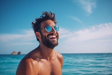 Portrait of handsome young man in sunglasses on the beach at sunrise