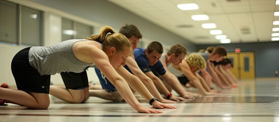 Group of young adult sporty people training together in fitness center working out at animal flow...