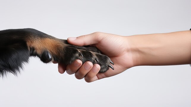 Beauceron dog paw in human hand friendship concept, white background. Sheepdog clever companion, domestic animal