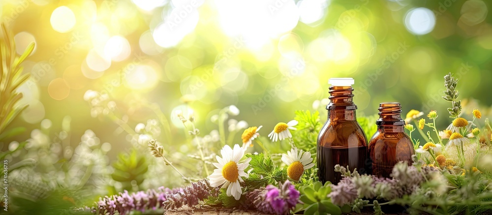Poster medicinal herbs and tinctures alternative medicine selective focus nature. with copy space image. pl