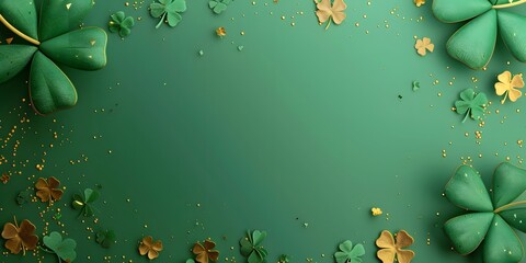 Blank card template, green four leaf clover and shamrock on green background, gold splash for party invitation design