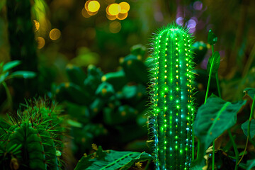 Fototapeta premium cactus, neon cactus, cyberpunk cactus, cactus in the desert, Vibrant desert cacti illuminated in a neon glow, cactus in the dark