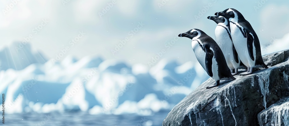 Poster Penguins on a rock. with copy space image. Place for adding text or design