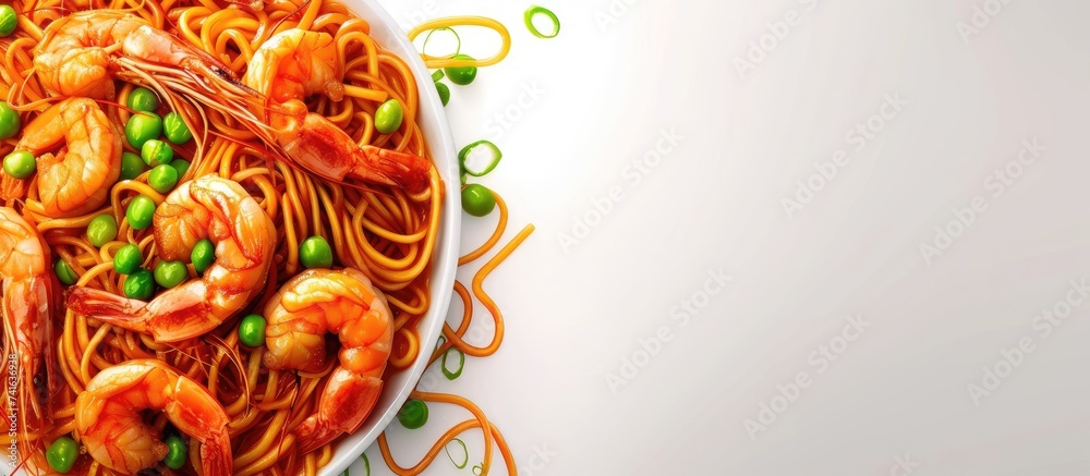 Aufkleber stir fried yakisoba noodles with green peas and shrimps asian food style. with copy space image. pla