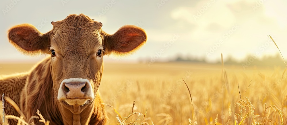 Poster Beef cow and young calf looking at camera in a dry grassy field. with copy space image. Place for adding text or design