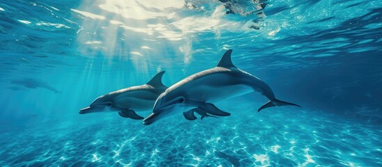 Pod of dolphins swimming near surface of clear blue ocean. with copy space image. Place for adding text or design - obrazy, fototapety, plakaty