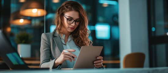 A businesswoman completes KYC using an online banking program in order to open a digital savings account The definition of cyber security. with copy space image. Place for adding text or design