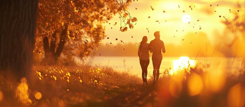 Active couple jogging outdoors during sunset. with copy space image. Place for adding text or design