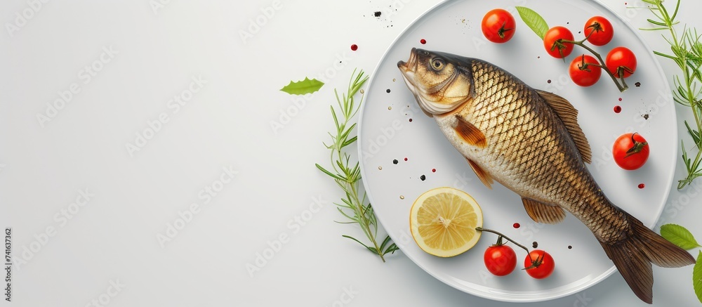 Poster fried carp whole served with lemon and cherry tomatoes on white plate christmas decoration. with cop