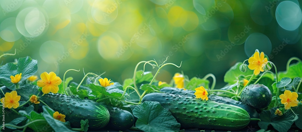 Aufkleber Picking cucumbers in the vegetable garden Fresh green cucumbers and yellow flowers. with copy space image. Place for adding text or design