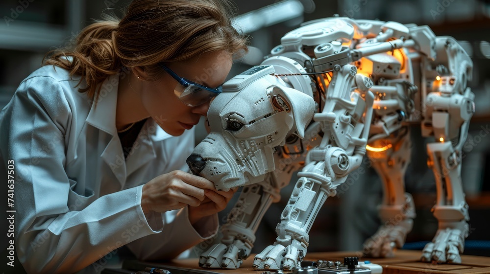Aufkleber female and male engineers work on an industrial-programmable robot dog in a factory development work