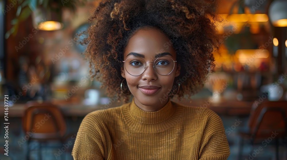 Aufkleber this beautiful, diverse female is wearing glasses, using a laptop computer while smiling at a camera