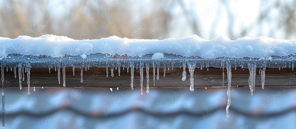 Poster Water Drops Dripping from Tiny Icicles Melting on Edge of Roof Covered in Snow on Warm Winter Day. with copy space image. Place for adding text or design