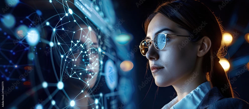 Poster Data security and cyber security A businesswoman secures commercial and financial data through a virtual network connection Innovative technical approaches to cyber security. with copy space image