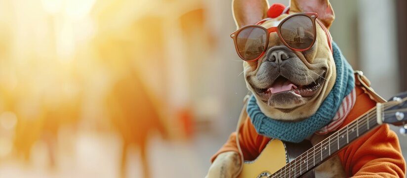 French Bulldog dog dressed up with street perfomer musician costume wearing striped shirt and fake arms holding a toy guitar standing in city street on sunny day. with copy space image