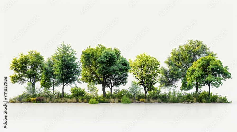 Poster A row of green trees and shrubs isolated on a white background. Forestscape. High quality clipping mask. A forest and green foliage.
