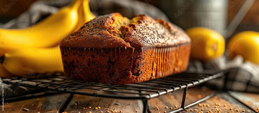 Aufkleber Sliced loaf of banana bread cupcake with poppy seeds on cooling wrack. with copy space image. Place for adding text or design
