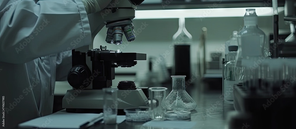 Aufkleber Medical Research Scientist Drops Sample on Slide and Her Colleague Examines it Under Microscope They Work in a Modern Laboratory. with copy space image. Place for adding text or design