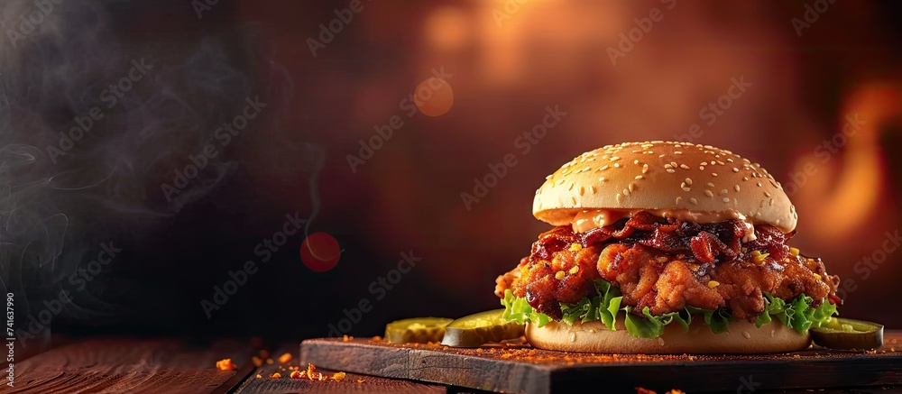 Poster Southern Country Fried Chicken Sandwich with Mayo and Jalapenos. with copy space image. Place for adding text or design