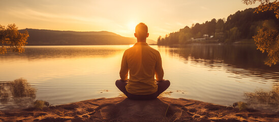 a man meditation with view panorama nature background.