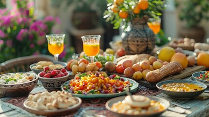 Dinner table at Eid al-Fitr. Ramadan family dinner. Iftar and breaking fast. Arabic Middle Eastern...