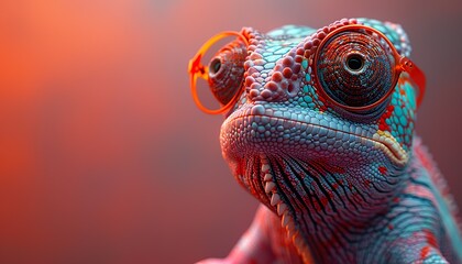 Vector art of a chameleon donning sunglasses against a solid-colored backdrop, featuring a faceted, minimal, abstract, panoramic background