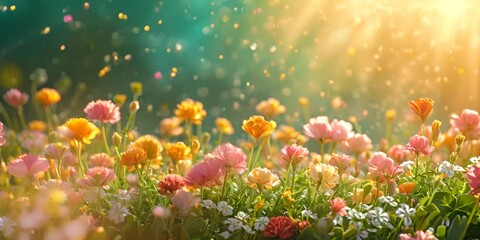 Summer landscape with colorful flowers swaying gracefully in the gentle breeze and buthing in warm glow of sunruys. Summer blossoms   of orange yellow flowers and white  creeping baby's breath.