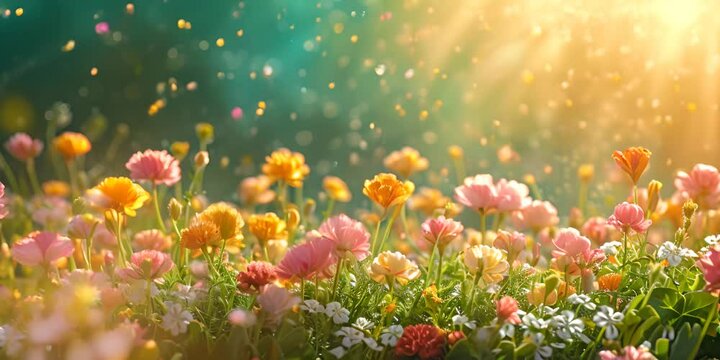 Summer landscape with colorful flowers swaying gracefully in the gentle breeze and buthing in warm glow of sunruys. Summer blossoms   of orange yellow flowers and white  creeping baby's breath.