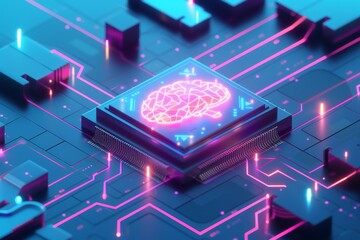 AI Brain Chip sensor interface. Artificial Intelligence vr mind visionary wisdom axon. Semiconductor neurosynaptic computing opportunities circuit board semiconductor metrology - obrazy, fototapety, plakaty