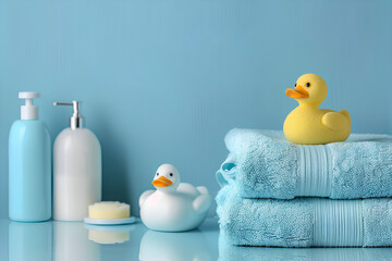 Baby cosmetic products, bath ducks, sponge and towels on light blue background. Space for text
