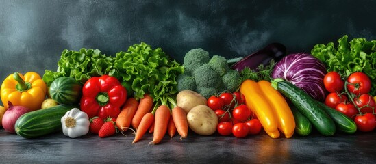 Fresh ripe juicy tasty fruit and vegetables on the counter in the market Tomatoes cucumbers zucchini carrots potatoes sweet peppers eggplants onions strawberries. with copy space image