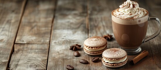 Cup of hot cocoa and french macaron on an old wooden table. with copy space image. Place for adding text or design