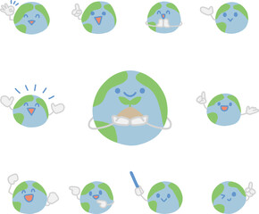 シンプルにデフォルメした地球のキャラクターが色々な表情をしているイラストセット