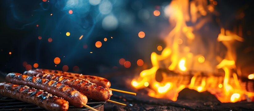 Grilling sausages over a campfire Grilling food over flames of bonfire on wooden branch stick spears in nature at night Scouts way of preparing food Campfire in the garden. with copy space image