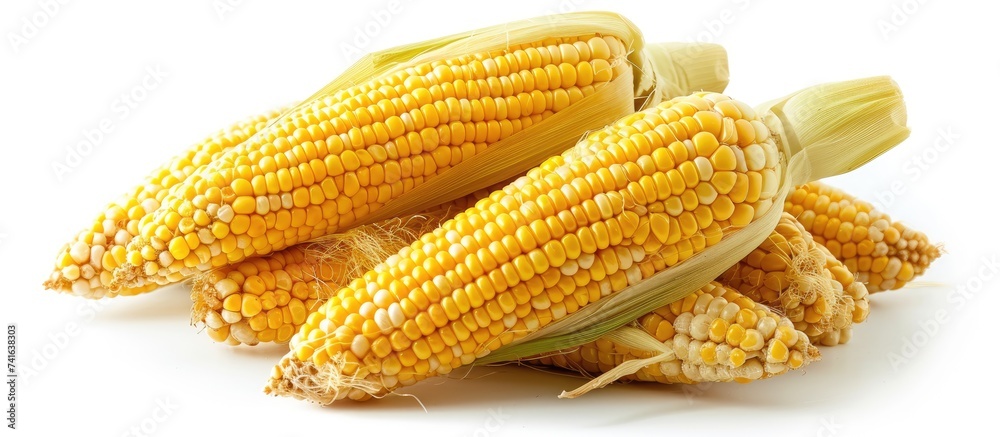 Poster ripe corn cob with dry husk leaves and kernels pile isolated on white background. with copy space im